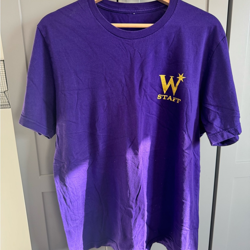 Wizarding Trunk Weasley shop “staff” Purple T-Shirt with Whiz bangs Logo
